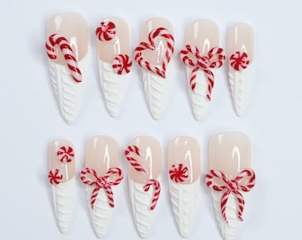 Sweet Christmas Cheer: Medium Almond Press-On Nails with Cozy Sweater Texture and Candy-Inspired French Tips – Perfect Gift for Her