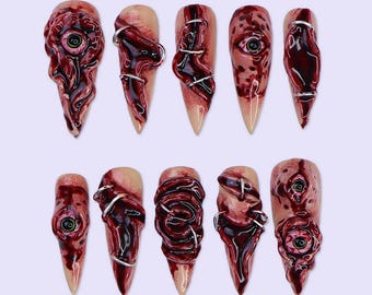 Halloween Horror Press On Nails With 3D Eyes, Stitches | Fake Nails in Long Stiletto | Spooky Handmade Nail Art for Parties, Costumes