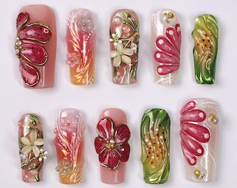 Press On Nails Petalia With Hibiscus | 3D Floral Fake Nails in Long Square | Handmade Spring Nail Art for Holiday, Vacation, Birthday