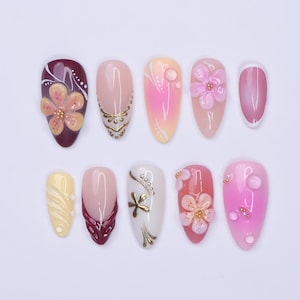 Summer Press On Nails with 3D Flowers and Gold Details, Medium Almond Ombre Pink Fake Nails for Beach Holiday or Vacation Look, Gift for Her