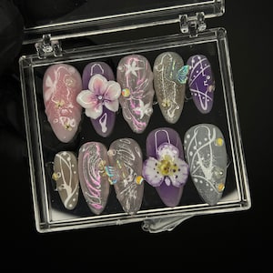 Springtime - 3D Flowers Medium Almond Press on Nails, Handmade Floral False Nails for Holiday, Vacation, Birthday, Prom Nails. Gift for Her