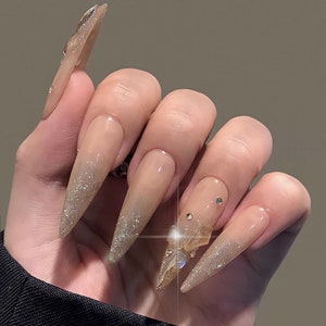 Gold Sparkling Diamond on Glitter Long Stiletto Press On Nails, Custom Handpainted Luxury Acrylic Fake Nails, Wedding Nails