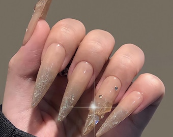 Gold Sparkling Diamond on Glitter Long Stiletto Press On Nails, Custom Handpainted Luxury Acrylic Fake Nails, Wedding Nails