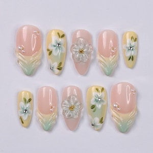 Pastel Floral Press On Nails with 3D White Flowers, Pearls, Yellow & Green Almond Nails, Perfect for Birthday, Vacation Or Gift For Her
