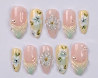 Pastel Floral Press On Nails with 3D White Flowers, Pearls, Yellow & Green Almond Nails, Perfect for Birthday, Vacation Or Gift For Her