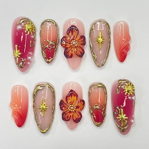 Unique Flower For Autumn Medium Almond Press On Nail,Custom Design Nail Art,Fake/Flase Nail for Birthday Holiday Vacation Prom Nail