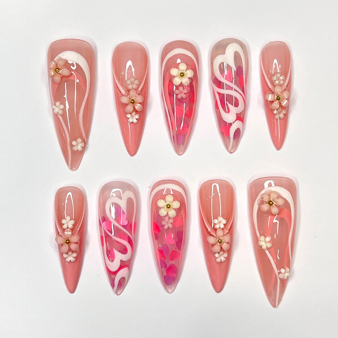 Mini Flower With Pink Heart in Long Stiletto Press on Nail, Cute ...