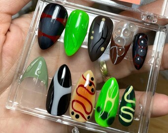 Fall Colour Short Almond Press On Nails Goth, Handpainted Acrylic Gothic Fake Nails, Y2K Emo Nails