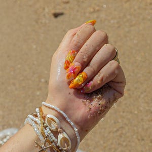 Summer Press On Nails Citrus Bloom with Tropical Florals | 3D Fake Nail in Medium Almond | Handmade Nail Art for Holiday, Vacation, Birthday