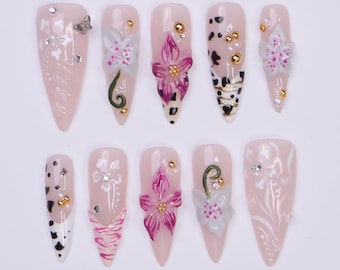 Summer Press on Nails with Orchid & Leopard | 3D Floral Fake Nail Arts in Long Almond | Handmade Nail Art for Holiday, Vacation, Birthday