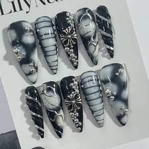 3D Drops Silver on Black Base Silver Cross Long Stiletto Press On Nails Goth , Gothic Fake Nails