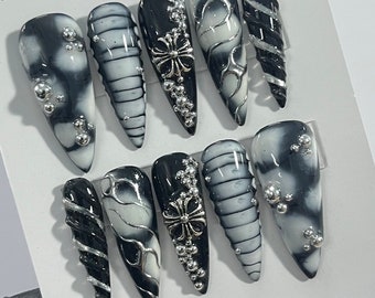 3D Drops Silver on Black Base Silver Cross Long Stiletto Press On Nails Goth , Gothic Fake Nails