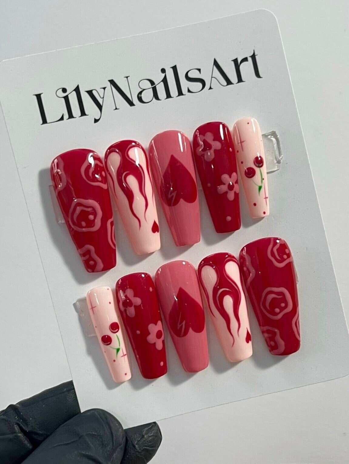 Flaming, Cherry and Heart in Red & Pink Almond Press On Nails