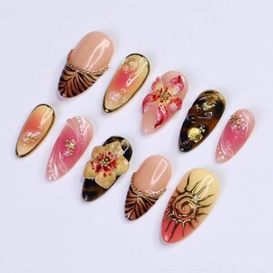 Summer Press on Nails with Sun & Gold Detail | 3D Floral Fake Nails in Medium Almond | Handmade Ocean Nail Art for Holiday, Vacation, Party