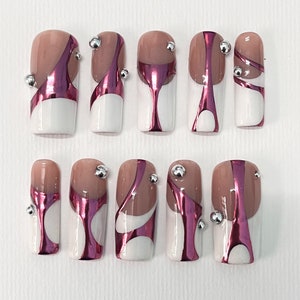 Handgemalte weiße French Tip Rosa Chrom lange quadratische Pressnägel - Luxus Nail Art für Abschlussball, Events und Geburtstage