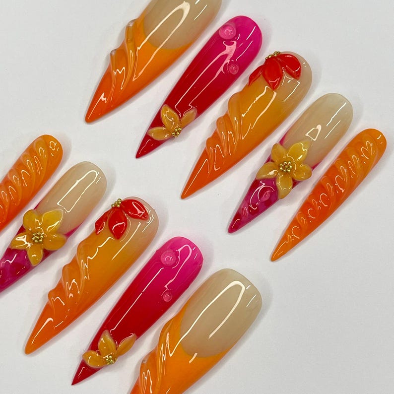 Sunset Flower Long Stiletto Press On Nail, Custom Design Nail Art, Fake Nail for Birthday, Holiday Nail, Gift For Her