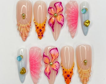 3D Flower With Seashell French Tip Long Almond Press On Nails, Unique Design Fake Nail Art, Beauitful Nail for Birthday Vacation Holiday