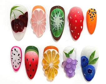 Colorful Fruit Lover Press On Nails, Summer Holiday Fake Nails, Fresh Look False Nails for Holiday Birhday , Gift for Her