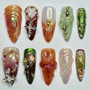 Honig Blume Lange Mandel Drücken Sie auf die Nägel, 3D Fairycore Nägel, Verträumte Nägel. Nagel für Event/Geburtstag/Party/Fotoshooting, Fake/False Nail Art