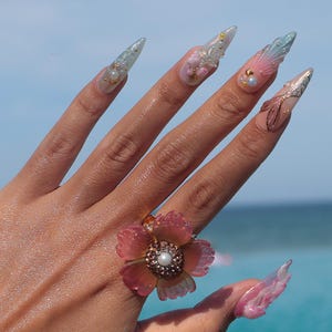 Summer Press on Nail with Mermaid & Jellyfish, 3D Ocean Inspo Fake Nail in Long Almond ,Handmade Beach Nail for Holiday, Vacation, Birthday
