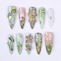 Press On Nails Dragonfly with Pink Flower | 3D Nature Fake Nails in Long Almond | Handmade Spring Nail Art for Holiday, Vacation, Birthday