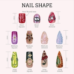 May include: A chart showing different nail shapes and lengths, with examples of each. The shapes include square, oval, almond, coffin, and stiletto. The lengths are short, medium, and long. Each nail is decorated with different designs.