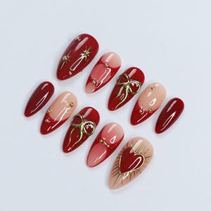 Elegant Dark Red Press-On Nails, Adorned with Bows, Hearts & Gold Gems - Perfect for Holiday Glam or a Thoughtful Gift for Her
