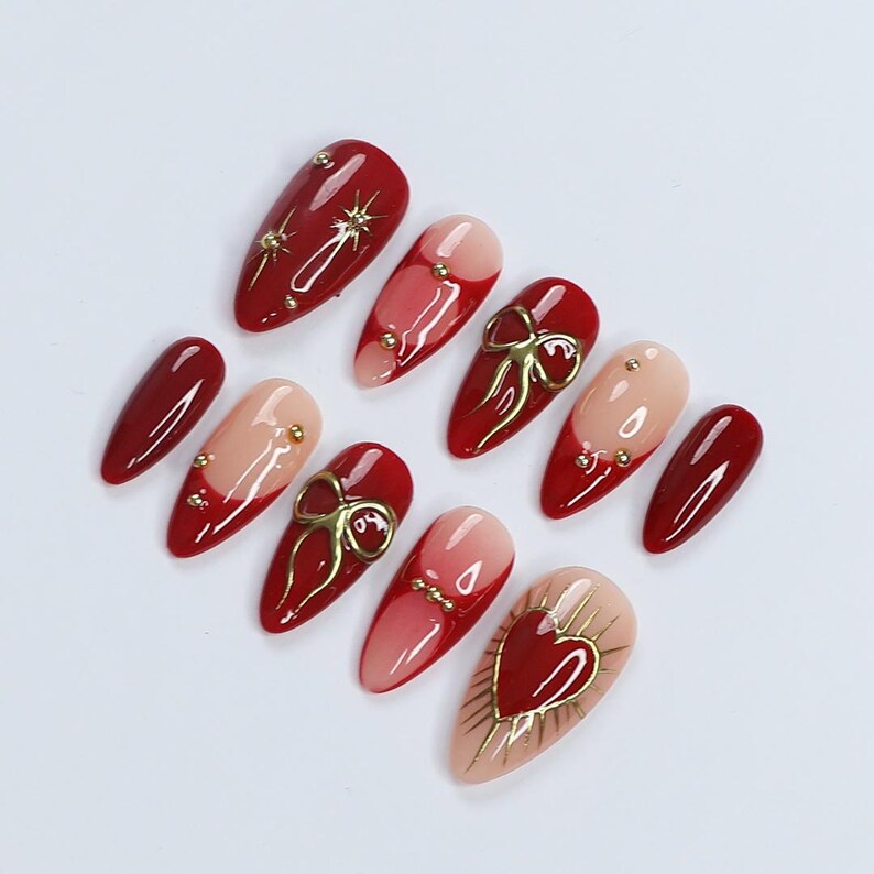 Elegant Dark Red Press-On Nails, Adorned with Bows, Hearts & Gold Gems - Perfect for Holiday Glam or a Thoughtful Gift for Her