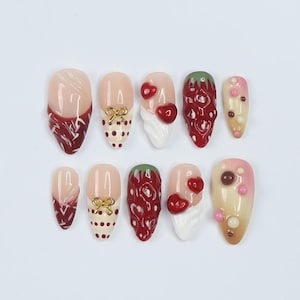 Sweet Treat Press-On Nails With 3D Chocolate Drizzle, Strawberries & Hearts - Handmade Cute Nail Set For Valentine’s Day Or Gift For Her