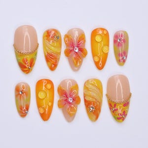 Summer Press On Nails Citrus Bloom with Tropical Florals | 3D Fake Nail in Medium Almond | Handmade Nail Art for Holiday, Vacation, Birthday