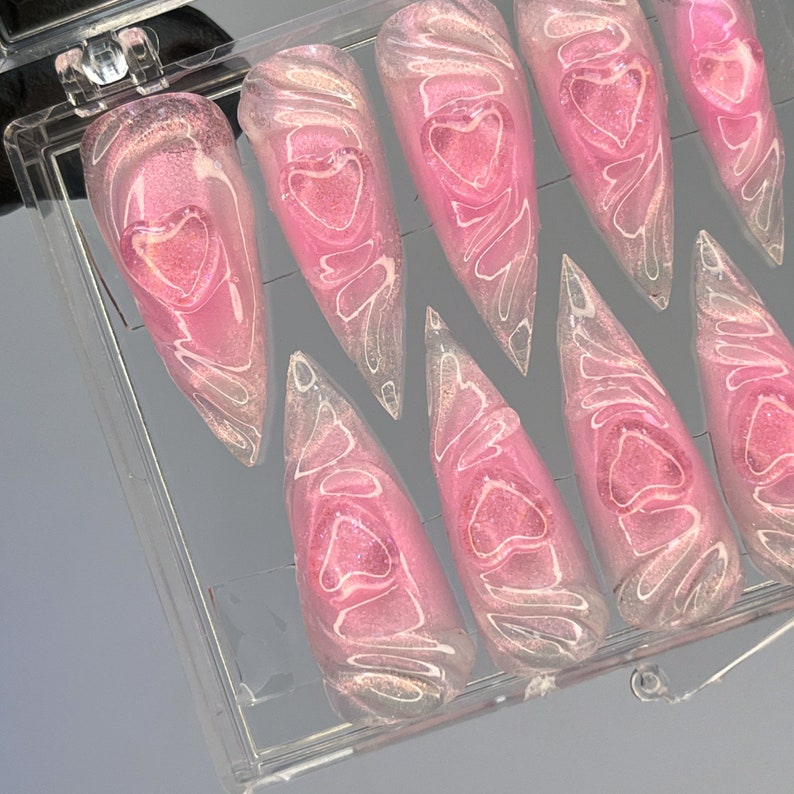 Pink  Heart Theme 3D Gel Long Stiletto Press On Nail, Handmade Custom Fairy Core Nail, Kawaii Nails for Event Birthday, Perfect Gift for Her