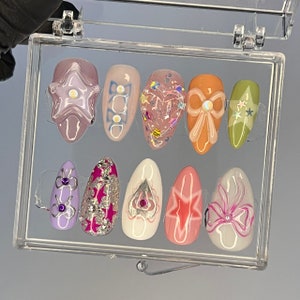 Freestyle 3D Short Almond Press On Nails, Colourful Cute Handpainted Fake Nails, Holiday Birthday Event Nails Art