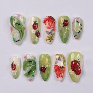 Whimsical Nature Press On Nails with Bugs, Strawberries, Flowers, Handmade Almond Nails, Perfect for a Unique Spring Manicure & Gift for Her