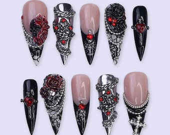 Halloween Gothic Press On Nails With Stained Glass & Red Rose | Long Stiletto Fake Nail | Spooky Handmade 3D Nail Art for Parties, Costumes