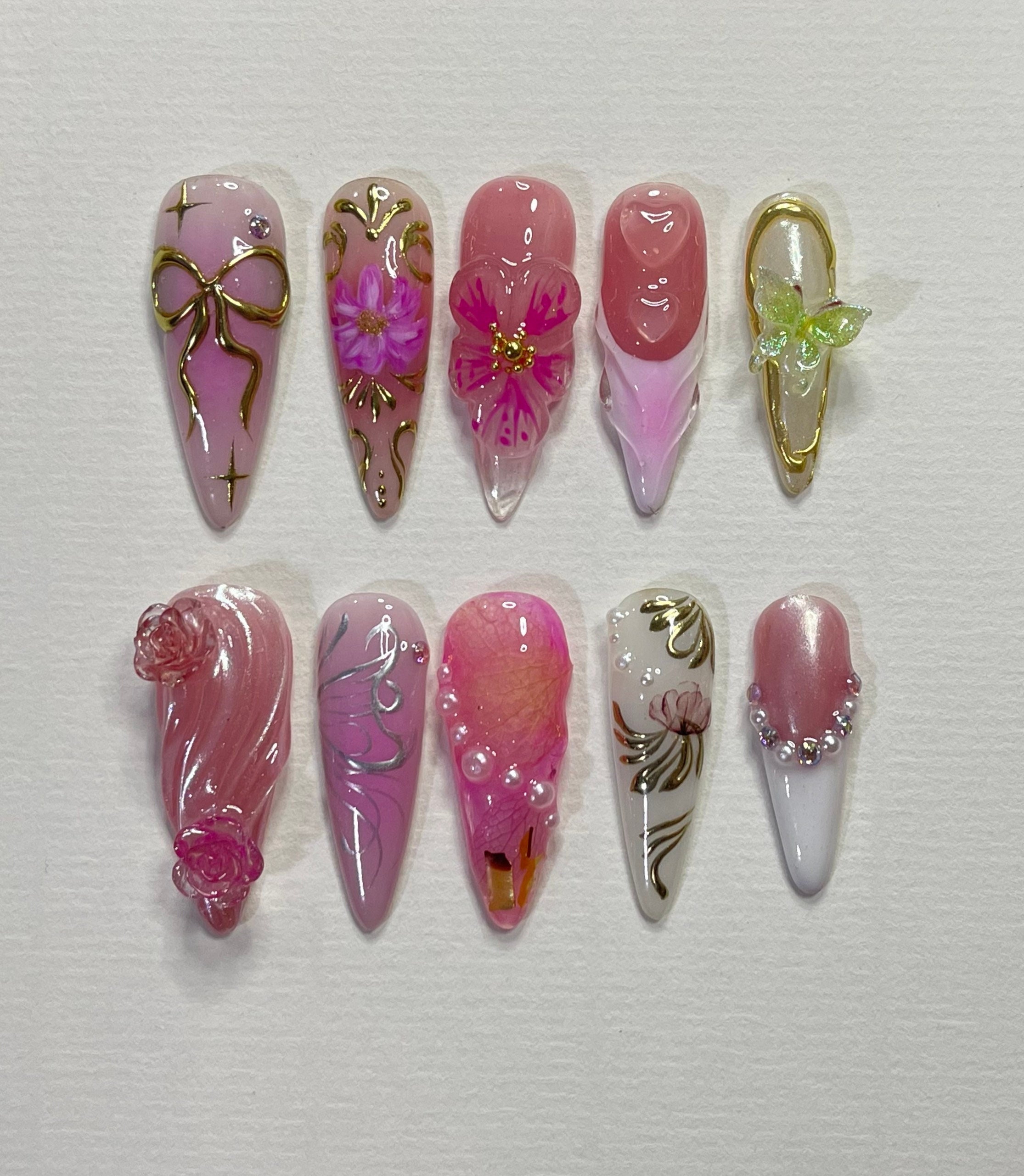 Secret Garden Long Almond Flowers Press On Nails, Fairy Tale Inspired Fake Nails, Birthday Holiday Nails Art, Gifts for Her