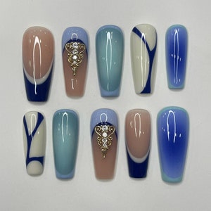 Handpainted Blue Inspired Medium Square Press On Nails, False Nails Nails Art for Birthday, Holiday, Gifts for Her