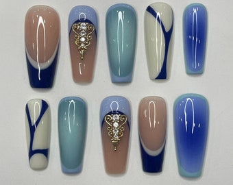Handpainted Blue Inspired Medium Square Press On Nails, False Nails Nails Art for Birthday, Holiday, Gifts for Her