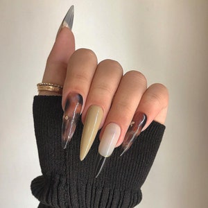 Black French Tips and Amber Long Stiletto Press On Nails, Fake Nails, Long Nails Press On, Luxury Glue On Nails, Holiday Nail, Gift For Her