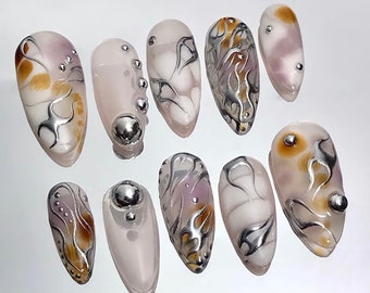 3D Metallic Silver Art Almond Press On Nails Goth, Custom Gothic Fake Nails, Punk Glue On Nails, Emo Y2K Nails