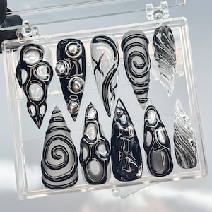 3D Black Clear Transparent Stiletto Goth Press On Nails, Handpainted Luxury Acrylic Gothic Fake Nails, Emo Y2K Style