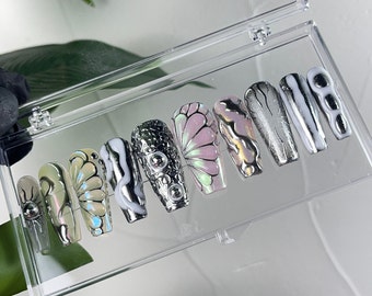 Free Style Metallic Butterfly Long Stiletto Press On Nails, Handpainted Gothic Fake Nail, Goth Chrome Nail, Custom False Nail Birthday Party