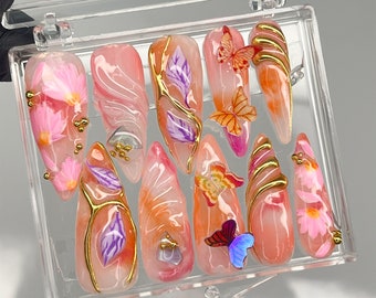 Fairy Tale Butterfly Long Almond Press On Nails, 3D Fairycore Nails, Dreamy Nails for Birthday, Holiday, Event, Party