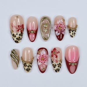 Vacation Press On Nails with Leopard Print and 3D Flowers, Red and Gold Long Fake Nails for Beach Holiday or Tropical Summer Look