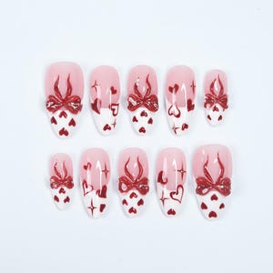 Romantic Pink & Red Press On Nails With 3D Bows, Hearts, Glossy Finish - Handmade Almond Nail Set For A Cute Look, Perfect Gift For Her