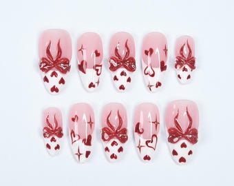 Romantic Pink & Red Press On Nails With 3D Bows, Hearts, Glossy Finish - Handmade Almond Nail Set For A Cute Look, Perfect Gift For Her