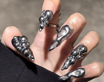 3D Metallic Silver Ball Long Stiletto Press On Goth Nails, Custom Gothic Fake Nails, Punk, Y2K Nails