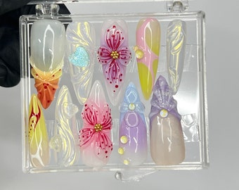 Fairy Dream Flower Garden Long Almond Press On Nails, 3D Gel Fairycore Fake Nails, Dreamy Nails for Birthday Vacation Holiday