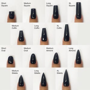 May include: A chart showing different nail shapes and lengths. The shapes include square, coffin, oval, almond, and stiletto. The lengths include short, medium, long, and extra large.