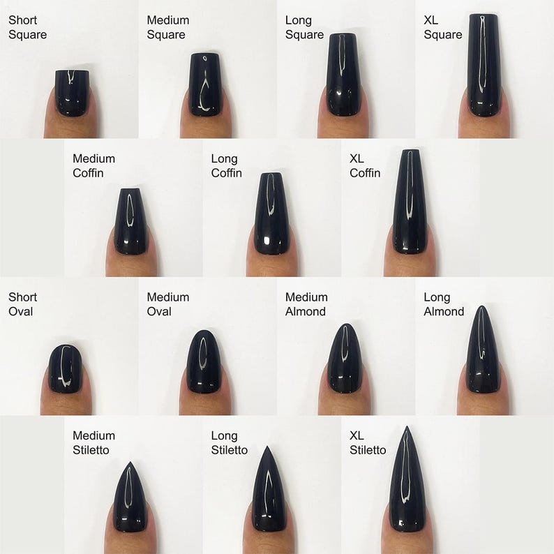 May include: A chart showing different nail shapes and lengths. The shapes include square, coffin, oval, almond, and stiletto. The lengths include short, medium, long, and extra large.