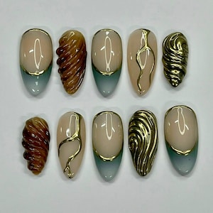 Freestyle Y2K Medium Almond Press On Nails, 3D Gel Gold Chrome Fake Nails for Birthday Party Holiday Vacation, Gift for Her
